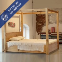 Massivholzbett Lombok mit Baldachin und Bettkasten mit Matratze 001