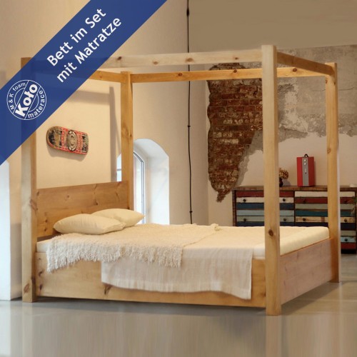 Massivholzbett Lombok mit Baldachin und Bettkasten mit Matratze 001