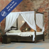 Massivholzbett Lovina mit Baldachin & Bettkasten mit Matratze  001