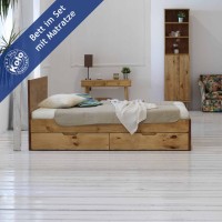 Massivholzbett Sumatra mit Schubladen und Matratze 001