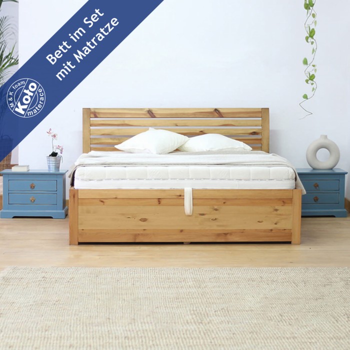 Massivholzbett Tabana mit Bettkasten mit Matratze